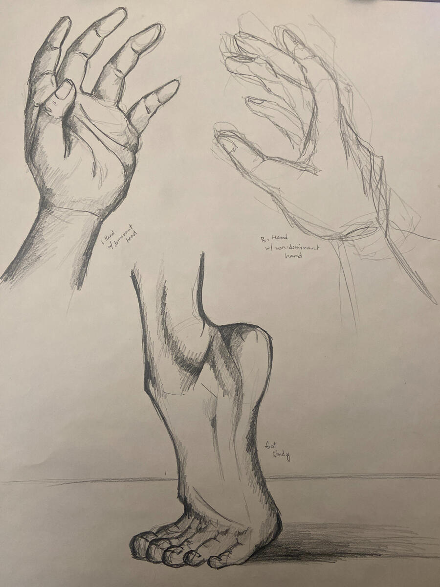 hand + foot study ; graphite pencil